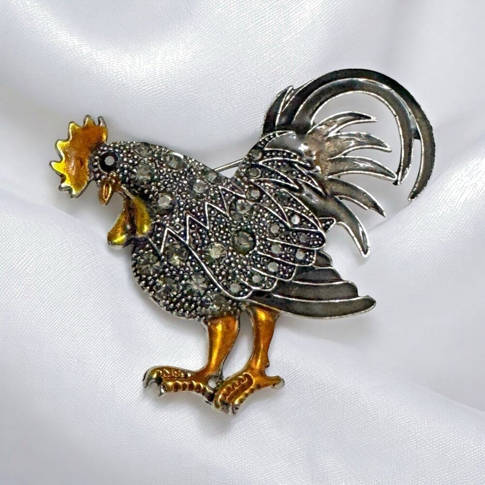 Rooster Brooch Marcasite Style Silver Gold Tone 2.5"